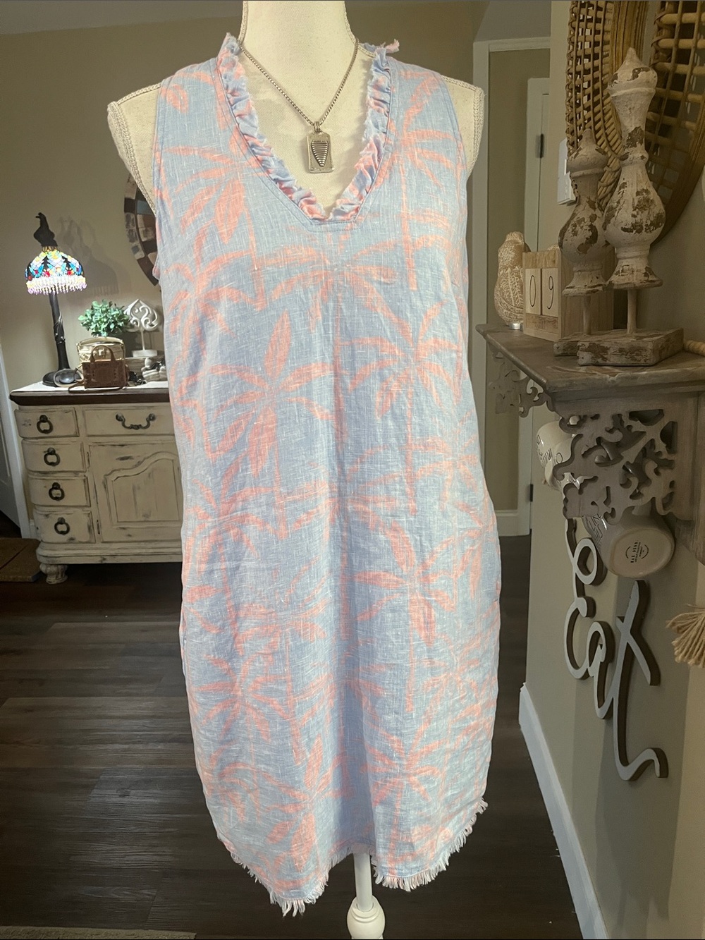 Tommy Bahama Light Blue and Coral Palm Print Midi Dress